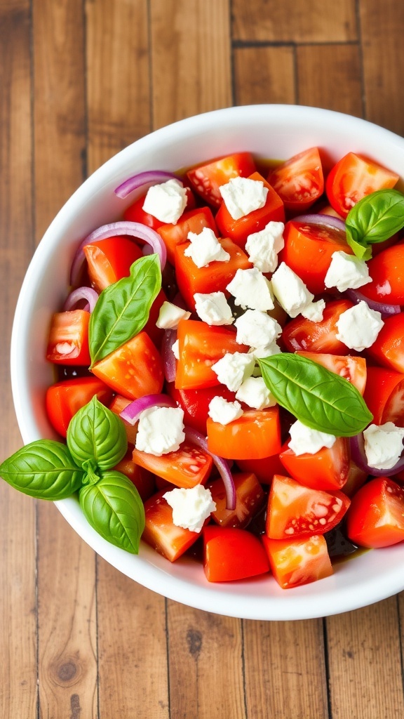 Tomato Icon Aesthetic Recipe A colorful bowl of fresh tomato salad with diced tomatoes, red onions, basil, and feta cheese on a wooden table.
